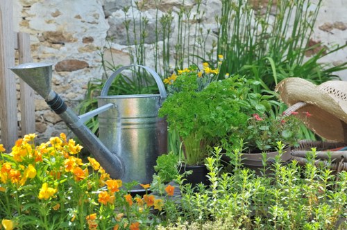 Close-up of a garden path and planted beds for inspection